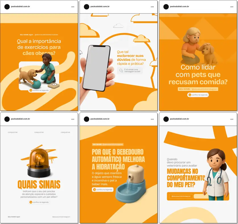 Pack de posts editáveis no Canva para Pet Sitters, usando palavras-chave como cuidados personalizados, atenção ao animal, prevenção de acidentes, rotina de pets e engajamento com tutores. Ideal para fortalecer a presença digital com conteúdo educativo.