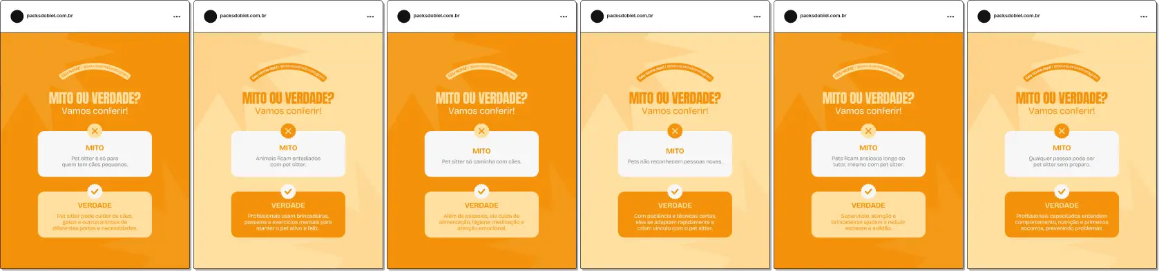 Pack de posts extras no Canva com conteúdos de mitos e verdades para pet sitters, ideal para quem quer explicar responsabilidades, cuidados, visitas, enriquecimento ambiental e boas práticas, criando um feed mais informativo e profissional.