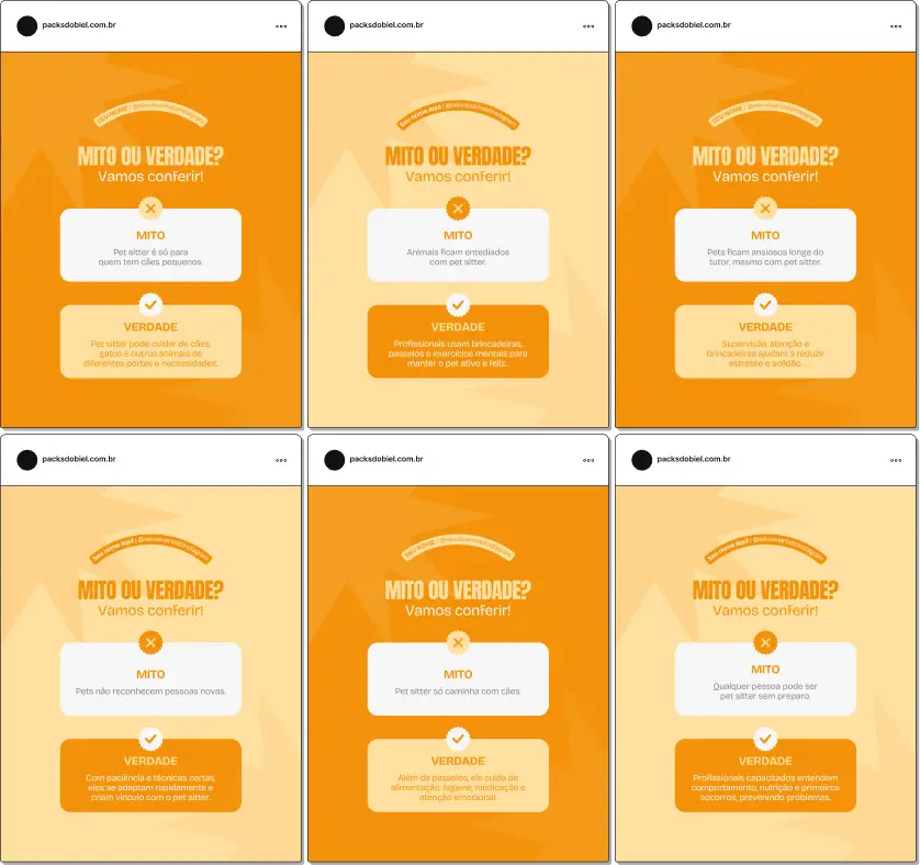 Pack de posts bônus no Canva com mitos e verdades sobre o trabalho de pet sitter, feito para profissionais que desejam educar tutores, esclarecer dúvidas comuns e fortalecer a confiança sobre cuidados, rotina e segurança dos pets.