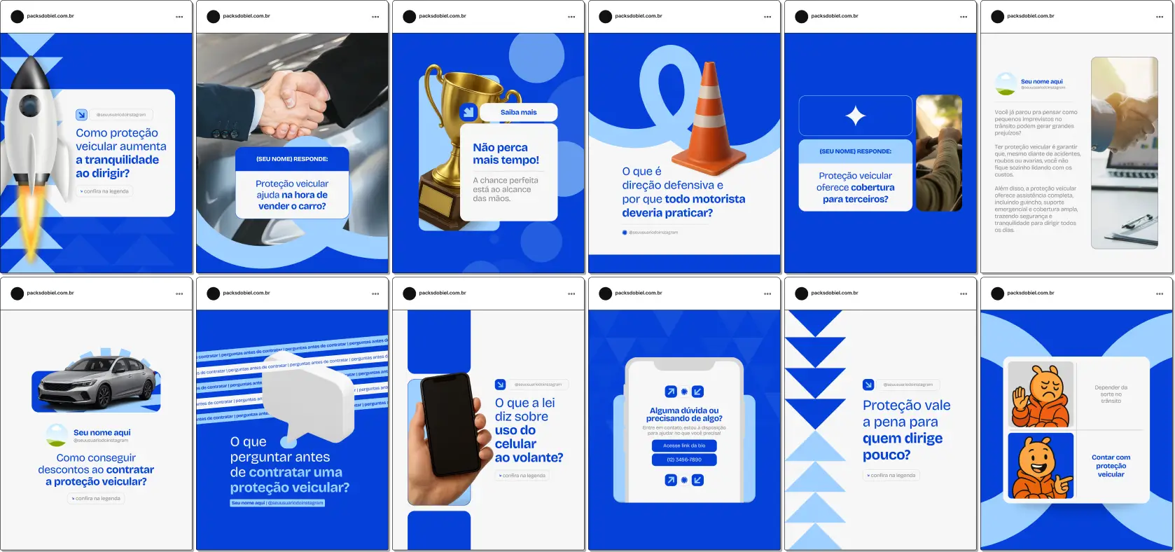 Imagem de um Pack Canva Proteção Veicular, com posts editáveis, artes e templates prontos para Instagram e redes sociais, criados para corretores, empresas de proteção automotiva, associações de veículos e consultores de seguros, com conteúdos educativos, comparativos e informativos sobre segurança, planos e benefícios.