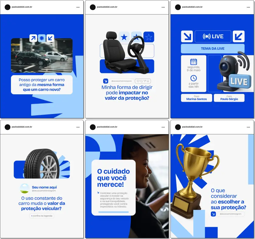 Kit de posts, conteúdos e templates no Canva sobre Proteção Veicular, com artes voltadas para divulgação de planos, cobertura de veículos, assistência 24h e benefícios automotivos, ideal para corretores, afiliados e profissionais do setor automotivo que desejam aumentar o engajamento no Instagram.