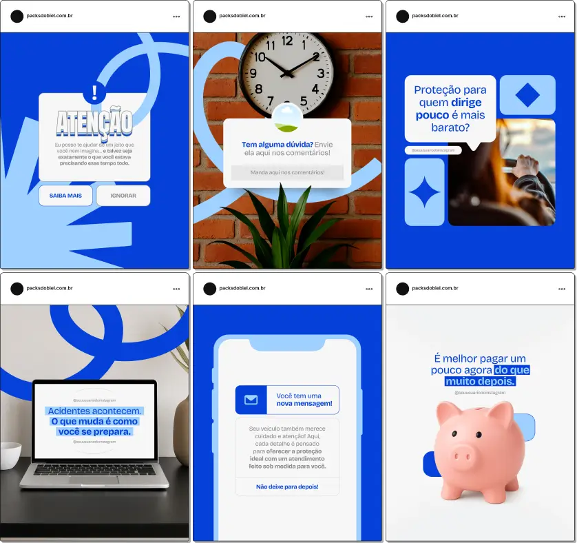 Kit de posts e conteúdos editáveis no Canva para Proteção Veicular, com materiais prontos sobre benefícios, adesão, comparativos de planos e segurança automotiva, projetado para impulsionar vendas e fortalecer o posicionamento digital de corretores e empresas de proteção automotiva.