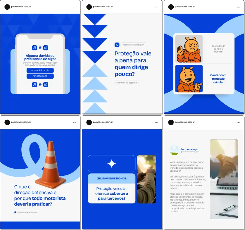 Artes de social media sobre Proteção Veicular, com posts editáveis e conteúdos educativos para Instagram, ideais para empresas de proteção, corretores de seguros e consultores automotivos que buscam gerar autoridade e engajar clientes com informações sobre planos, coberturas e dicas de segurança.