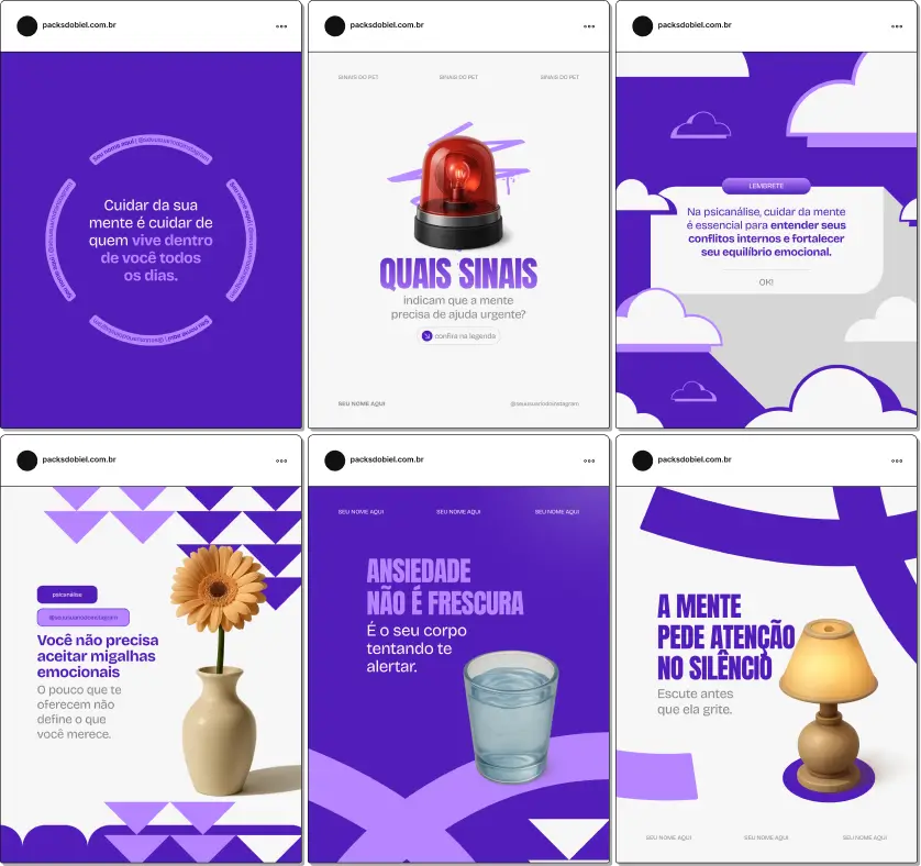 Pack de templates editáveis no Canva para Psicanálise, voltado para profissionais que produzem conteúdo sobre processos psíquicos, análise, simbolização, subjetividade, relações e desenvolvimento emocional. Ajuda a manter o Instagram coerente, informativo e esteticamente organizado.