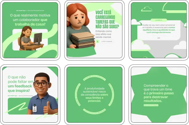 Pack de posts editáveis no Canva para psicólogos organizacionais, utilizando palavras-chave como saúde mental no trabalho, satisfação do colaborador, desenvolvimento profissional, integração de equipes e comunicação interna. Perfeito para fortalecer a presença digital com conteúdo confiável.