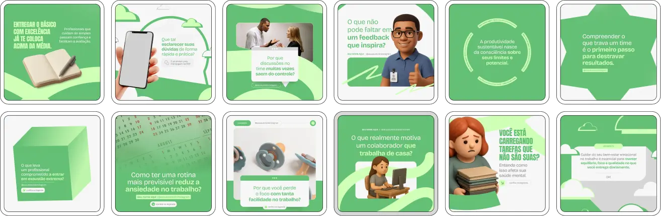 Pack de posts e artes editáveis no Canva para Psicologia Organizacional e do Trabalho, com palavras-chave como clima organizacional, engajamento, desenvolvimento de equipes, gestão de pessoas e bem-estar no trabalho. Ideal para profissionais que querem organizar o feed e transmitir autoridade no Instagram.