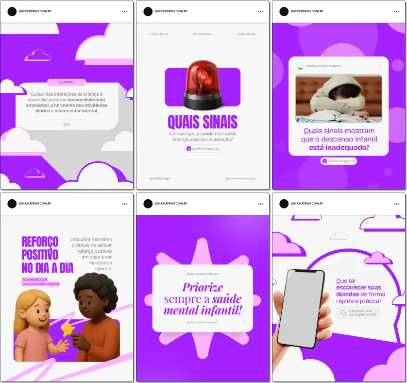 Pack de templates no Canva para psiquiatras infantis que explicam transtornos, acompanhamento clínico, tratamento e estratégias de apoio familiar, ideal para quem deseja conteúdo educativo pronto para Instagram.