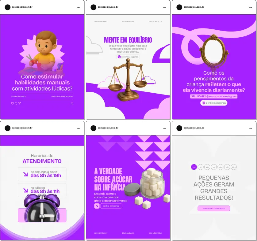 Pack de posts editáveis no Canva para psiquiatras infantis que desejam explicar sinais, transtornos do desenvolvimento, comportamento e saúde emocional das crianças, criando um feed profissional e educativo para pais.