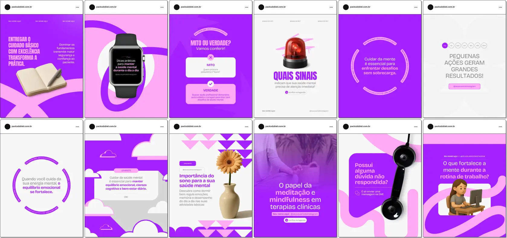 Pack de templates editáveis no Canva para Psiquiatria, voltado para conteúdos sobre ansiedade, depressão, stress, tratamento medicamentoso, acompanhamento clínico e promoção da saúde mental. Ajuda a manter o Instagram coerente, educativo e visualmente profissional.