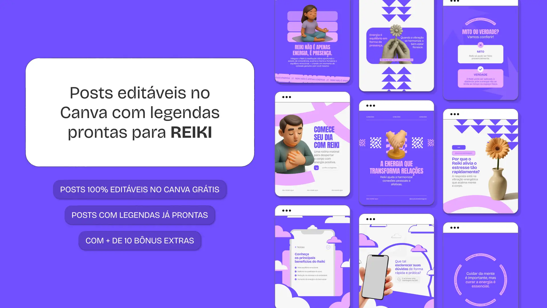 Artes e templates de social media no Canva para Reiki, ideais para profissionais da área energética e espiritual, que buscam padronizar o perfil, divulgar o trabalho e fortalecer o marketing holístico nas redes sociais de forma autêntica e profissional.