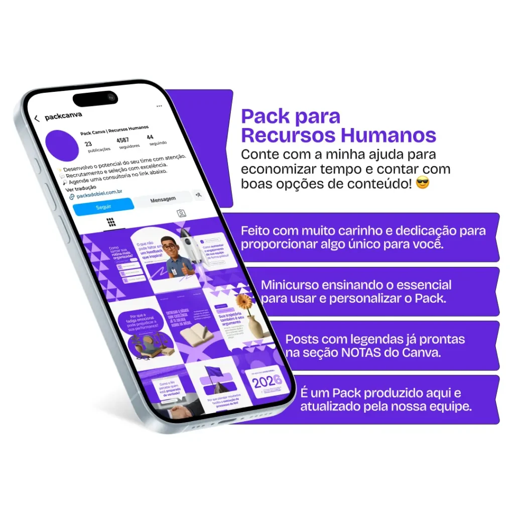 Pack de posts para RH editáveis no Canva, usando palavras-chave como recrutamento, retenção, cultura organizacional, processos de pessoas e orientação para colaboradores. Perfeito para profissionais que querem um feed informativo, consistente e alinhado com boas práticas de gestão.