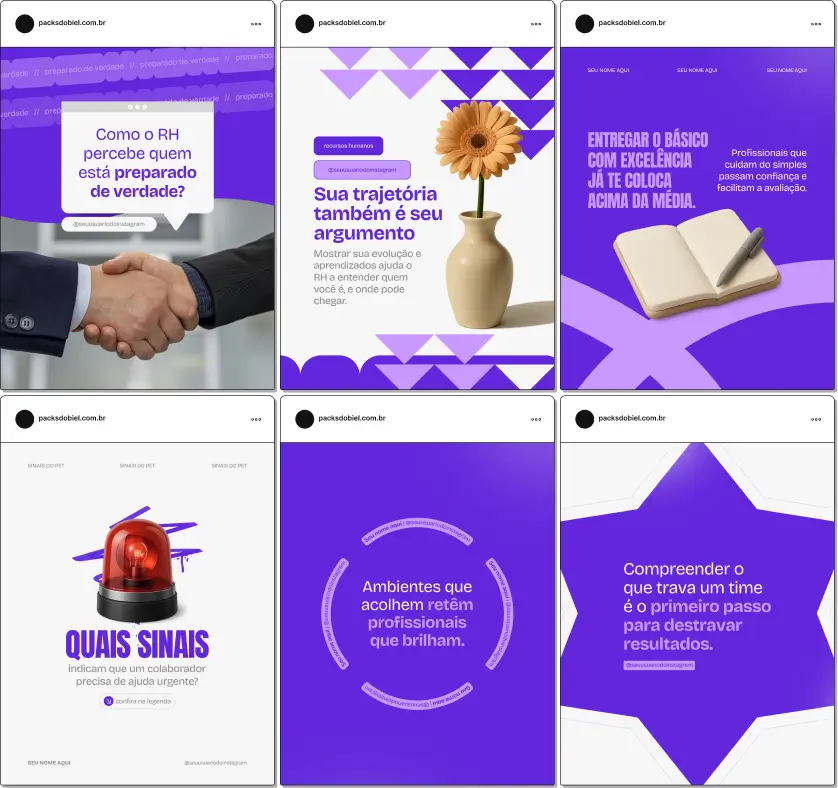 Pack de templates editáveis no Canva para RH, voltado para conteúdos sobre recrutamento, seleção, desempenho, integração, liderança e engajamento de colaboradores. Perfeito para quem busca fortalecer a presença digital com uma comunicação clara e confiável.