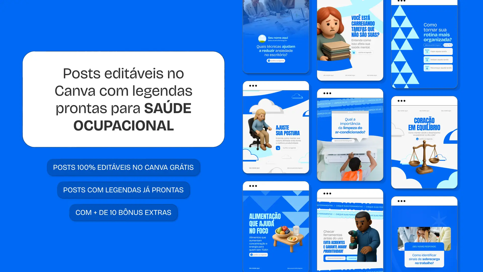 Pack de posts editáveis no Canva para saúde ocupacional que abordam normas regulamentadoras, programas de bem-estar, prevenção de lesões e conscientização sobre segurança, oferecendo conteúdo educativo e visualmente coerente.