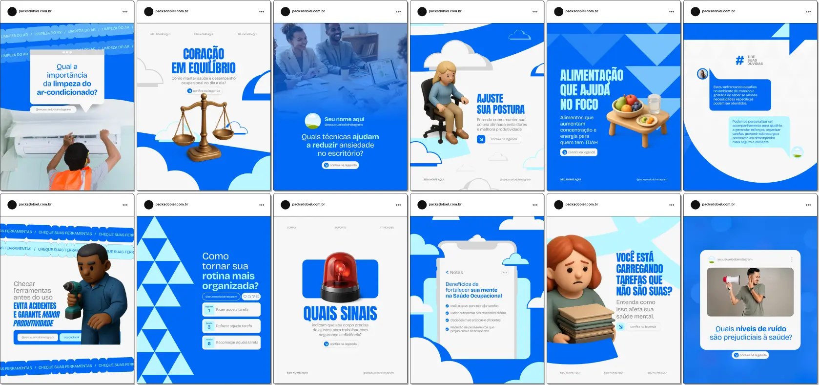 Pack de posts editáveis no Canva para profissionais de saúde ocupacional que desejam explicar prevenção de acidentes, ergonomia, saúde no trabalho e bem-estar corporativo, mantendo um feed educativo e profissional.