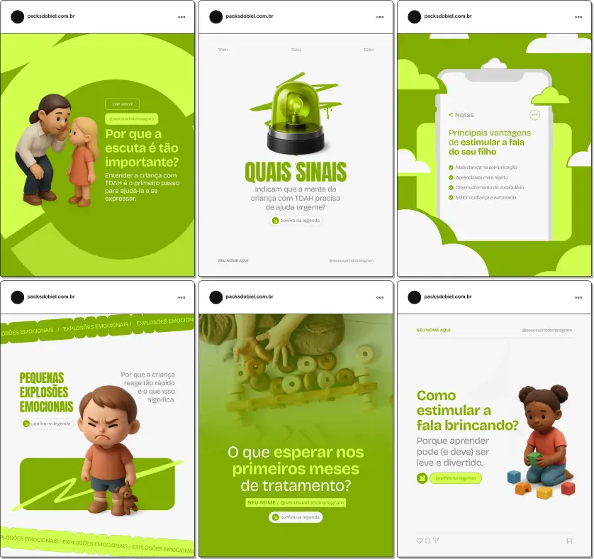 Pack de templates editáveis no Canva para psicólogos, neuropsicólogos e coaches especializados em TDAH adulto, criado para quem precisa produzir conteúdo sobre comportamento, foco, produtividade e autocuidado, com visual consistente e educativo para o público.