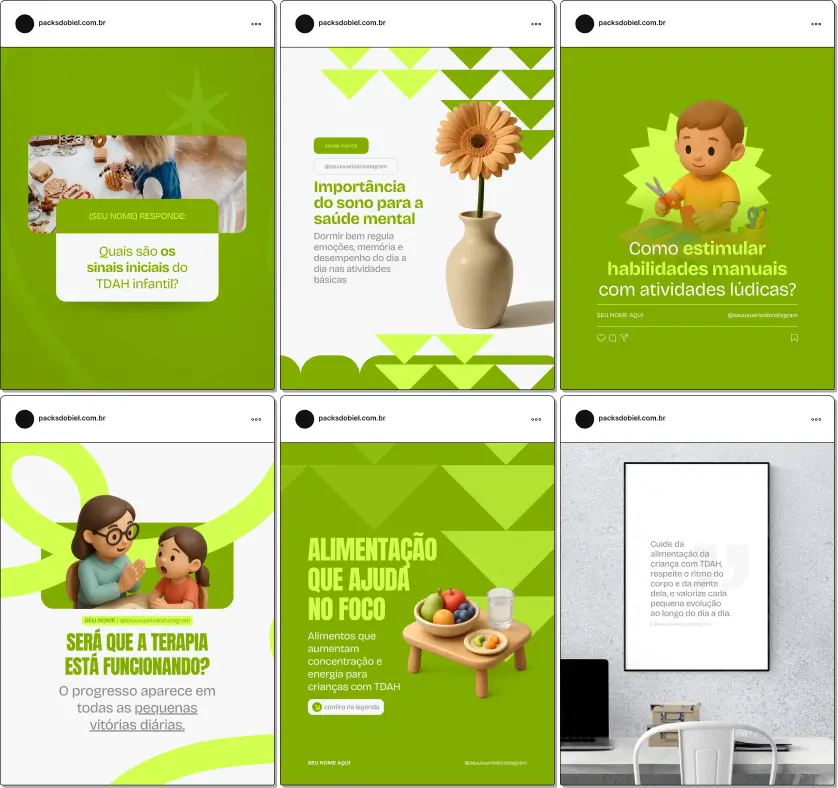 Pack de posts editáveis no Canva para psicólogos e terapeutas que trabalham com TDAH em adultos, voltado para quem deseja explicar sintomas, rotina, funcionamento executivo e estratégias de manejo, mantendo um feed organizado e profissional no Instagram.