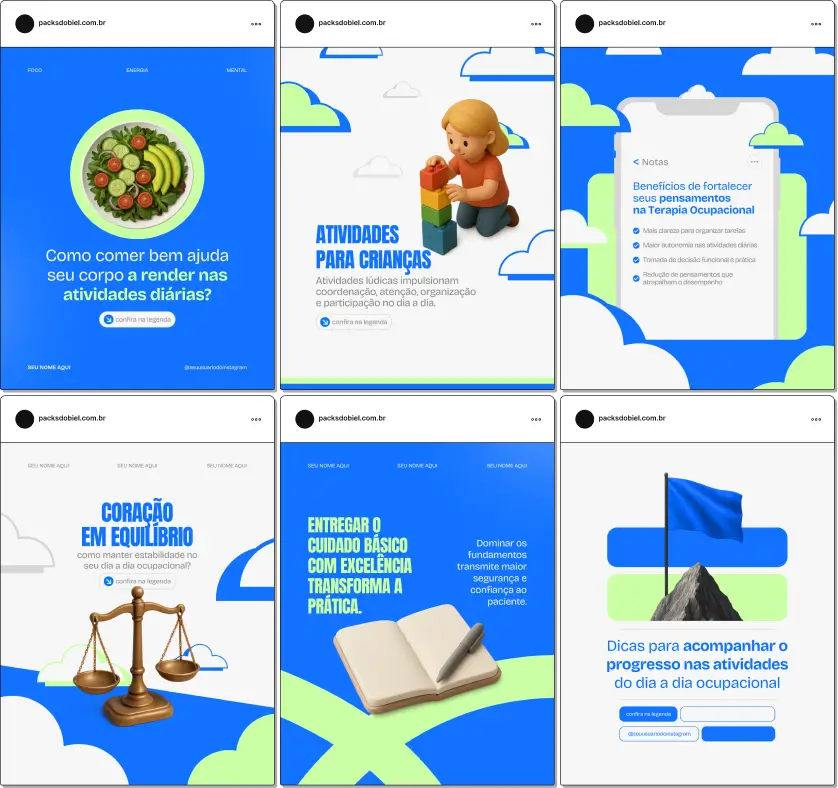 Pack de templates editáveis no Canva para terapeutas ocupacionais que querem orientar pacientes e cuidadores sobre exercícios, técnicas de reabilitação e melhoria da qualidade de vida, fortalecendo a autoridade no perfil digital.