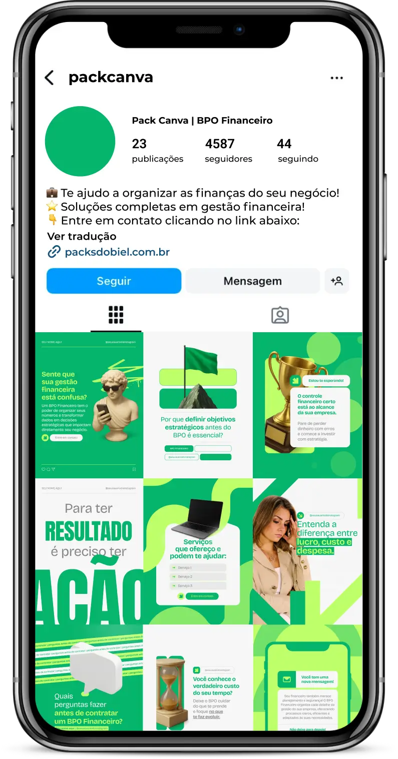 Imagem de um Pack Canva para BPO Financeiro, com posts e artes editáveis para Instagram. Ideal para profissionais e empresas que oferecem terceirização financeira, gestão de contas, controle de fluxo de caixa e soluções de finanças empresariais.