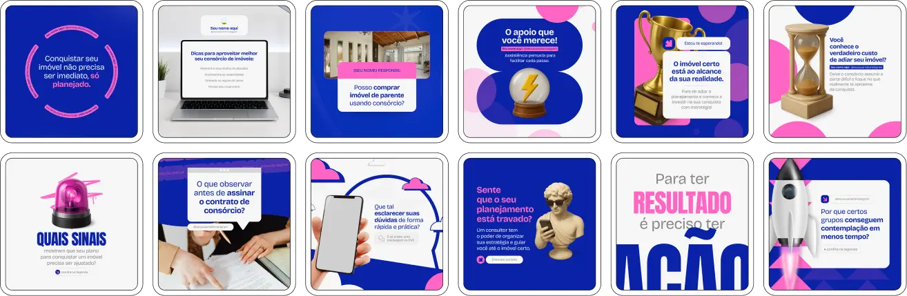 Pack de posts no Canva para especialistas em Consórcio de Imóveis, usando palavras-chave como aquisição gradual, planejamento de compra, imóvel próprio, crédito contemplado e educação financeira. Ideal para quem quer fortalecer a presença digital com conteúdo confiável.