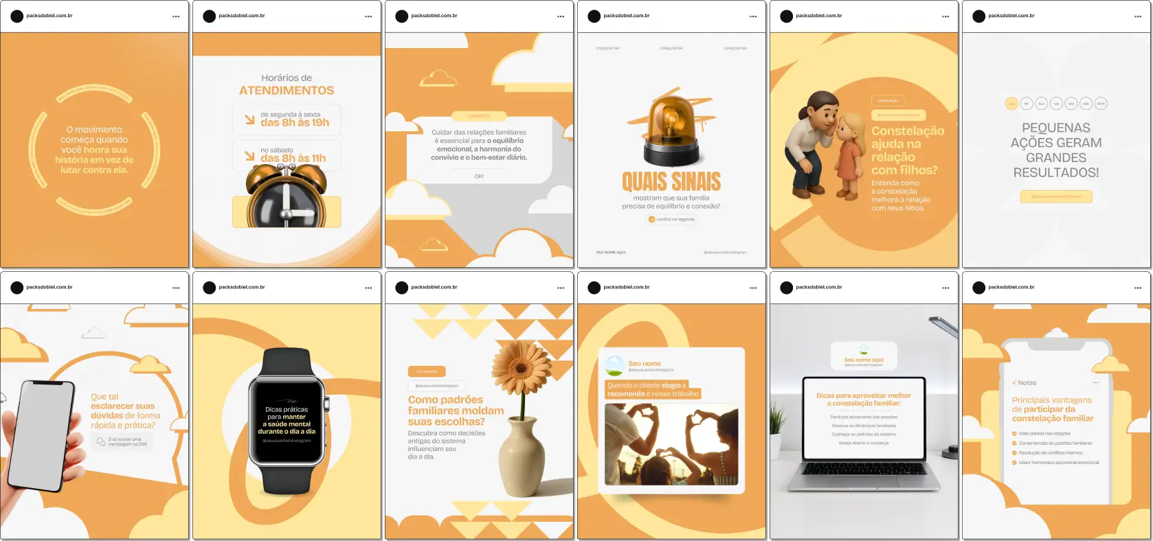 Pack de posts e artes editáveis no Canva para Constelação Familiar, com foco em relações familiares, vínculos, dinâmica familiar, padrões emocionais e desenvolvimento pessoal. Ideal para profissionais que desejam um feed organizado, educativo e confiável.