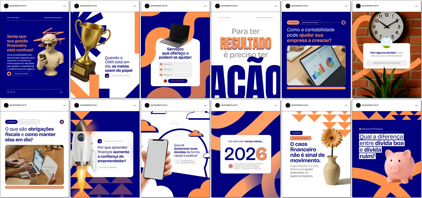 Imagem de um Pack Canva Contabilidade, com posts editáveis, templates e artes prontas para Instagram e redes sociais, criadas para contadores, escritórios de contabilidade e consultores financeiros, com conteúdos sobre gestão financeira, imposto de renda, planejamento tributário e obrigações fiscais. Ideal para quem deseja atrair clientes e fortalecer sua presença digital.