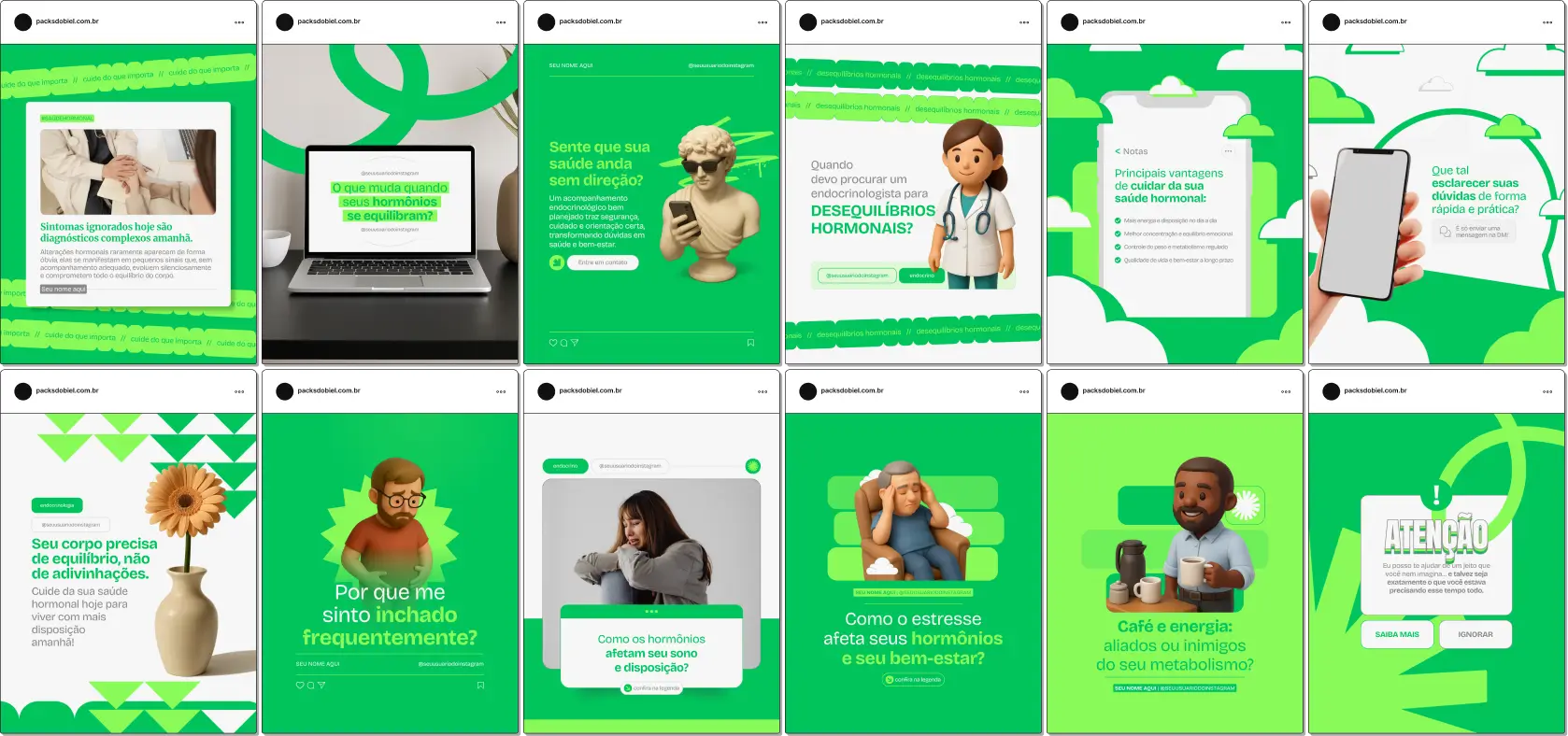 Artes de social media no Canva para Endocrinologia, com posts e templates editáveis, ideais para clínicas e médicos endocrinologistas que buscam manter consistência visual, profissionalizar o perfil e criar um feed organizado e atrativo.