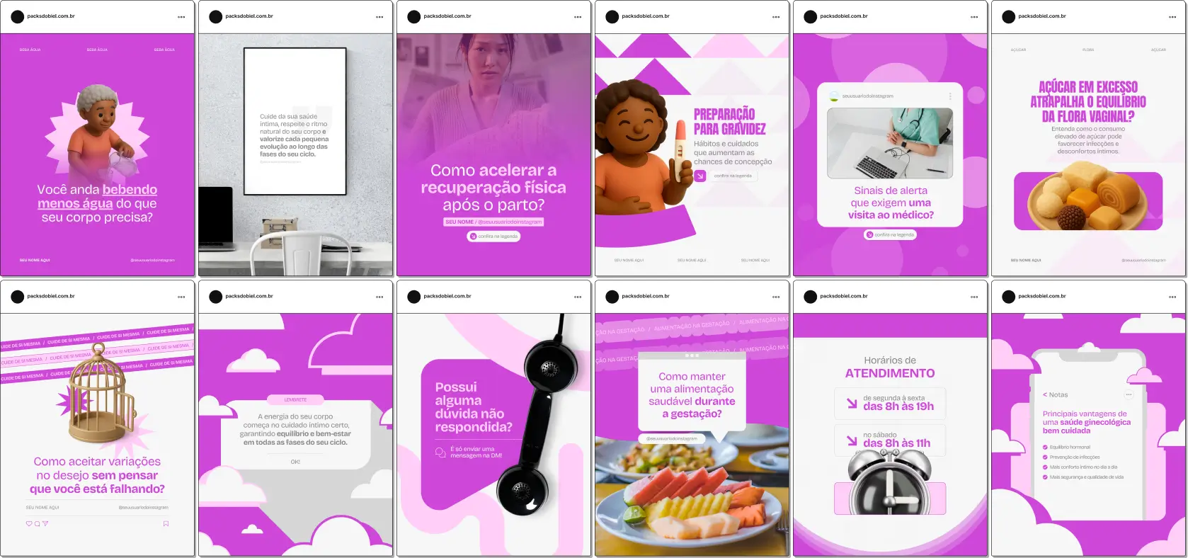 Pack de posts prontos no Canva para ginecologistas que querem explicar consultas, exames ginecológicos, prevenção de doenças e hábitos de saúde. Ideal para criar um feed organizado, confiável e atrativo.