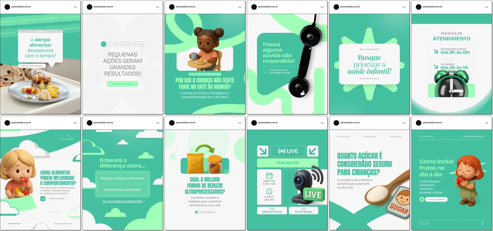 Pack de posts editáveis no Canva para nutrição no autismo, ideal para profissionais que desejam divulgar orientações sobre variedade alimentar, desafios sensoriais, estratégias de aceitação e suporte às famílias, criando um perfil educativo e coerente.