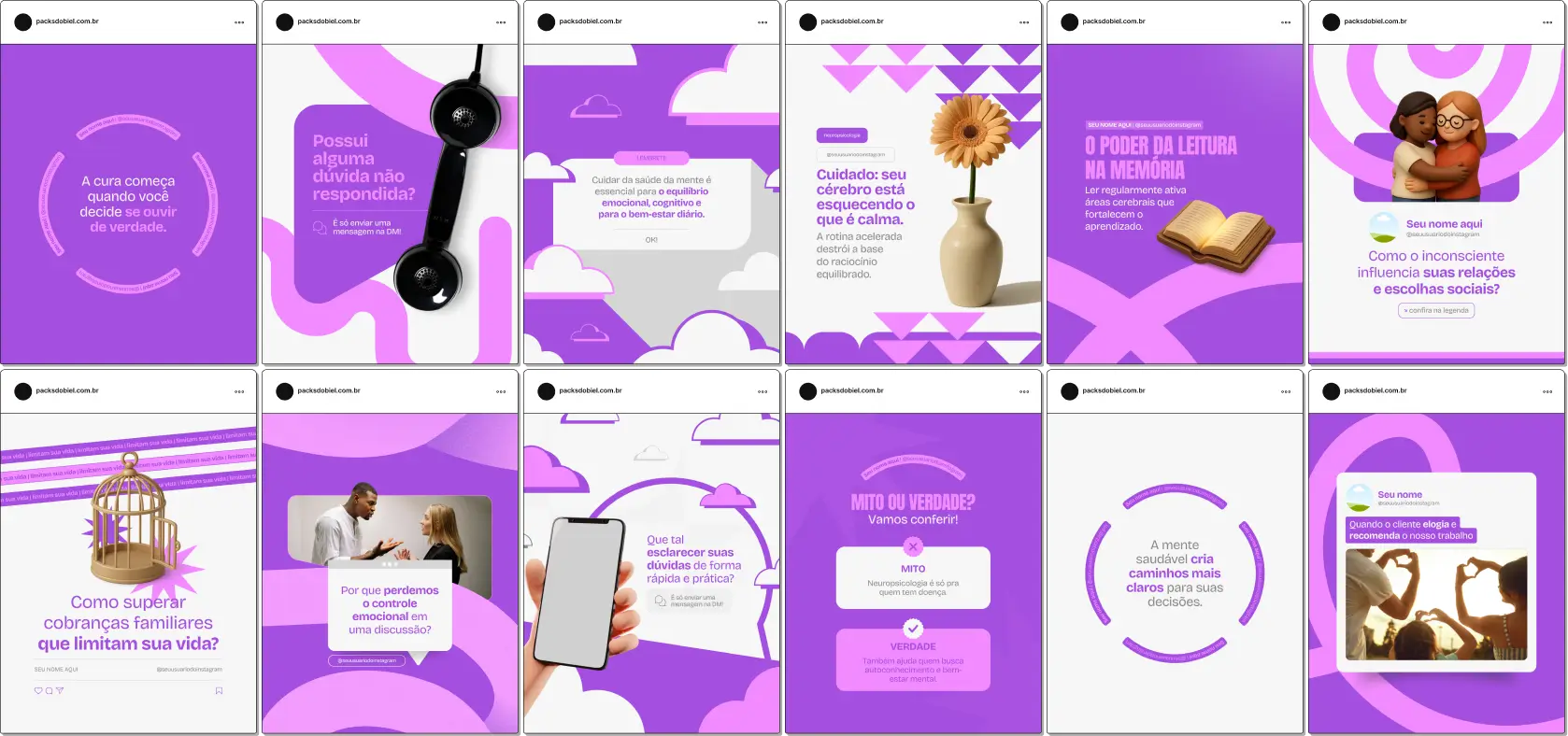 Imagem de um Pack Canva Neuropsicologia, com posts, templates e artes editáveis para Instagram e redes sociais, ideal para neuropsicólogos, psicólogos e profissionais da área da saúde mental que desejam fortalecer a presença digital, engajar pacientes e criar um perfil visualmente profissional e confiável.