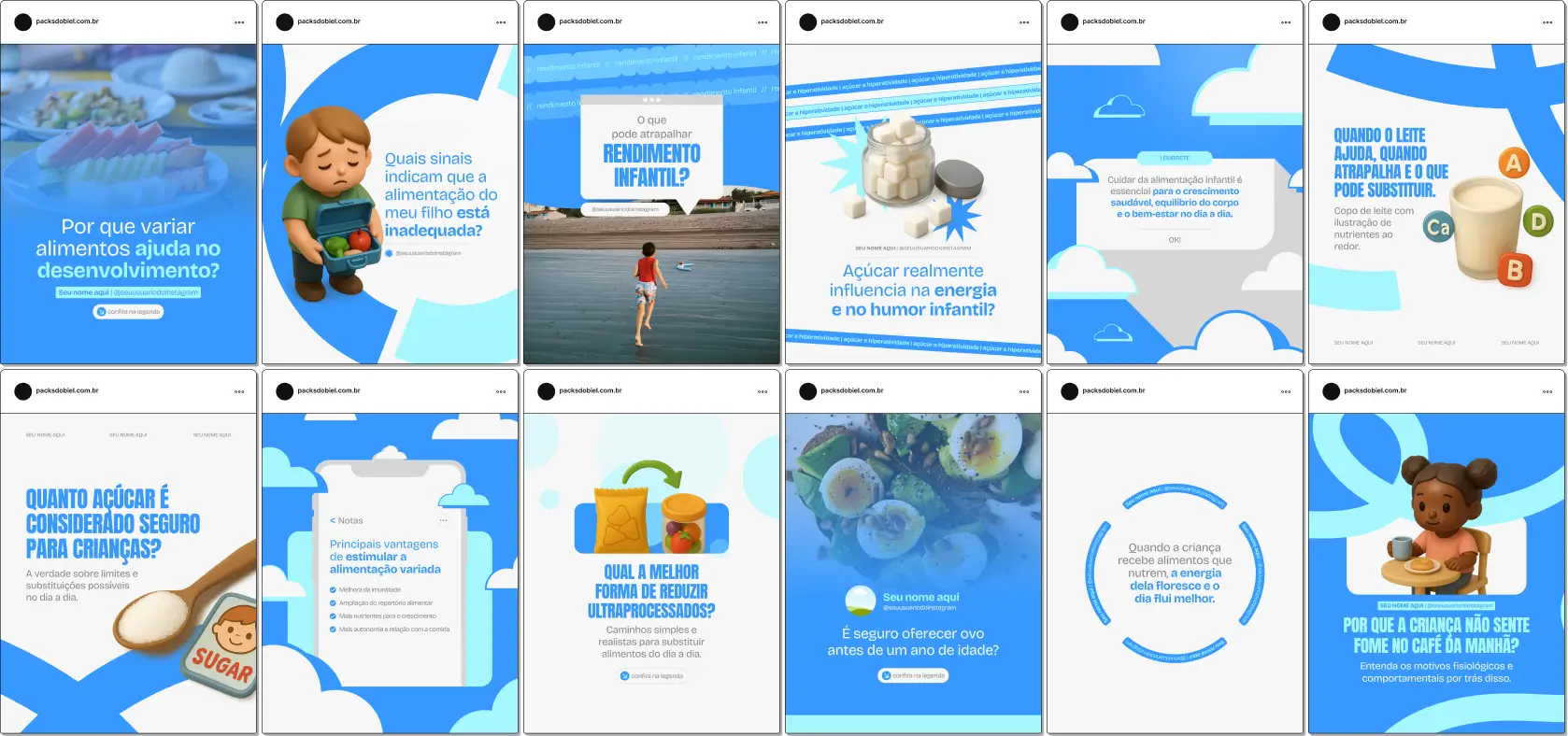 Pack de templates editáveis no Canva para Nutrição Infantil, voltado para conteúdos sobre alimentação equilibrada, hábitos saudáveis, lancheira escolar, refeições do dia a dia e orientações práticas para famílias. Ajuda a manter o Instagram claro, coerente e profissional.