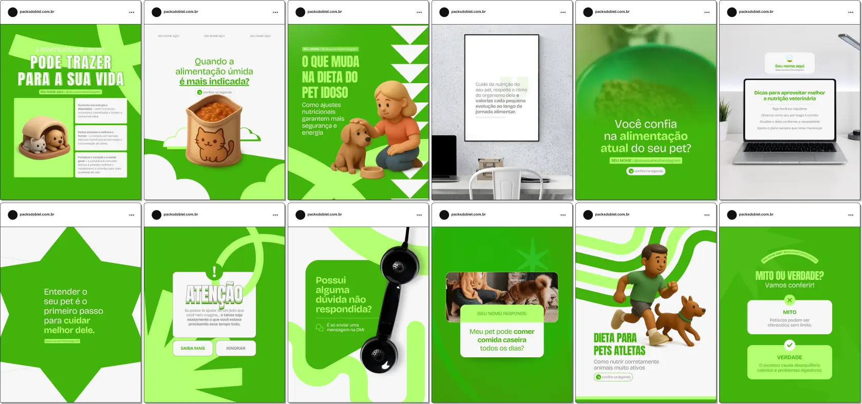 Pack de posts e artes editáveis no Canva para Nutrição Veterinária, com foco em alimentação balanceada, dietas específicas, saúde animal, nutrição de cães e gatos e orientação para tutores. Ideal para profissionais que desejam um feed organizado e educativo.
