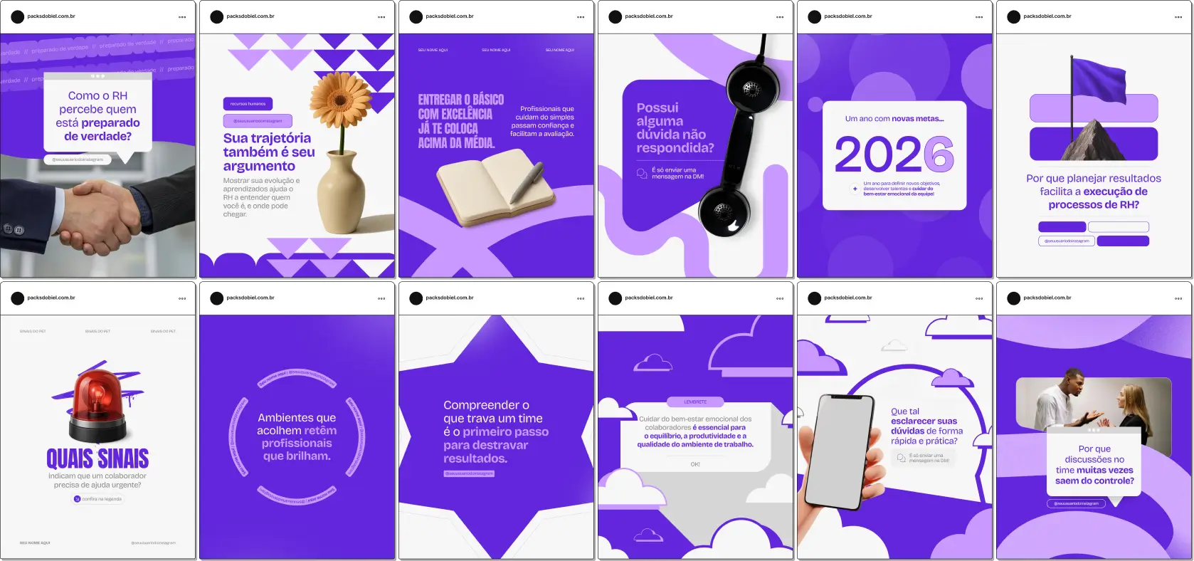 Pack de posts editáveis no Canva para profissionais de Recursos Humanos, otimizado com palavras-chave como gestão de talentos, feedback, carreira, treinamento e bem-estar no trabalho. Ajuda a manter um feed educativo, coerente e visualmente profissional.