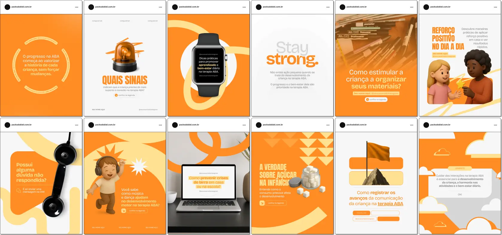 Pack de posts e artes editáveis no Canva para Terapia ABA, com foco em análise do comportamento, desenvolvimento de habilidades, ensino estruturado, intervenção comportamental e progresso infantil. Ideal para profissionais que desejam um feed educativo e organizado.