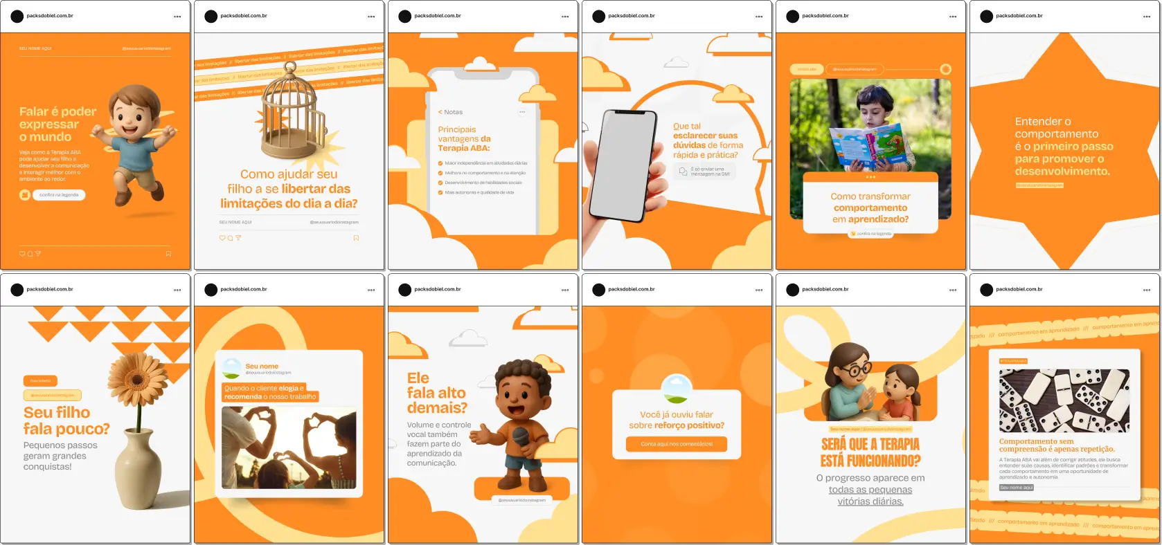 Artes de social media no Canva para Terapia ABA, com posts e templates editáveis, ideais para profissionais de análise do comportamento e psicologia infantil que buscam padronizar o perfil, criar um feed coerente e fortalecer o marketing digital.