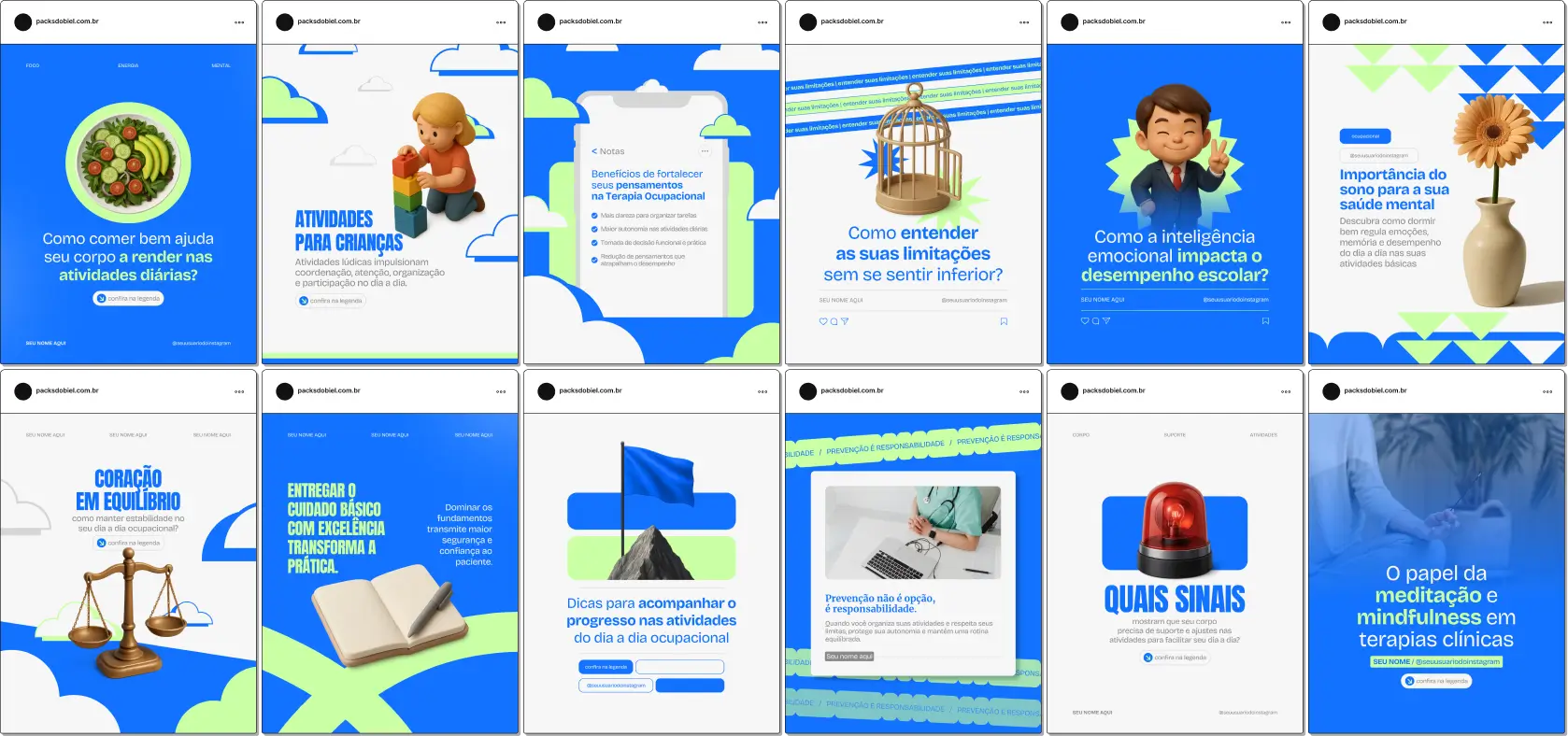 Pack de posts editáveis no Canva para especialistas em terapia ocupacional que abordam atividades de vida diária, desenvolvimento infantil, funcionalidade adulta e suporte ao idoso, oferecendo conteúdo confiável e visualmente coerente.