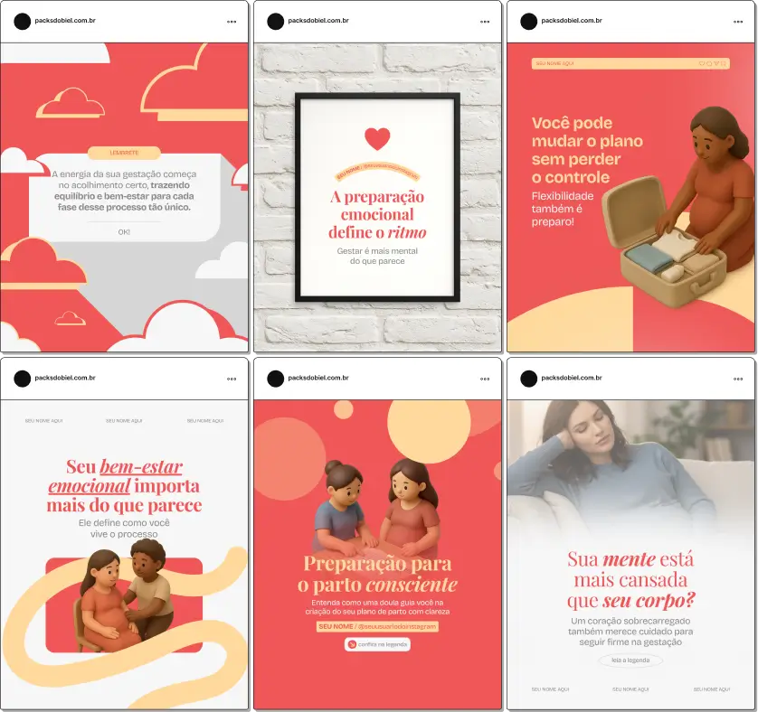 Pack de templates editáveis no Canva para profissionais que atuam como doula e querem educar gestantes sobre fases da gravidez, escolhas informadas, vínculo e suporte contínuo, com um feed organizado e visualmente harmônico.