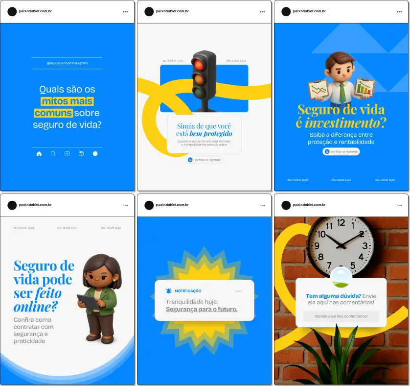 Pack de artes editáveis no Canva para corretores e especialistas em seguro de vida que produzem conteúdo sobre indenização, beneficiários, prevenção e segurança financeira, reforçando autoridade e credibilidade no Instagram.