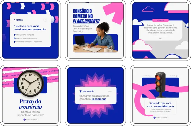 Pack de templates editáveis no Canva para profissionais de consórcio de imóveis que querem educar clientes sobre prazos, lances, custos e vantagens do consórcio, com comunicação clara e identidade visual coerente.