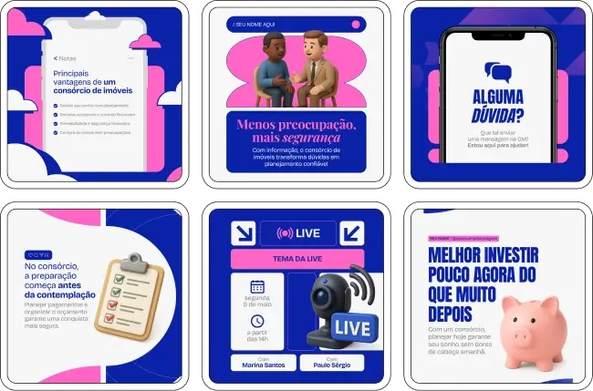 Pack de artes editáveis no Canva para corretores e consultores de consórcio imobiliário, voltado para conteúdo sobre administração de parcelas, sorteios, lances e estratégias para aquisição de casa própria, com comunicação visual clara e profissional.