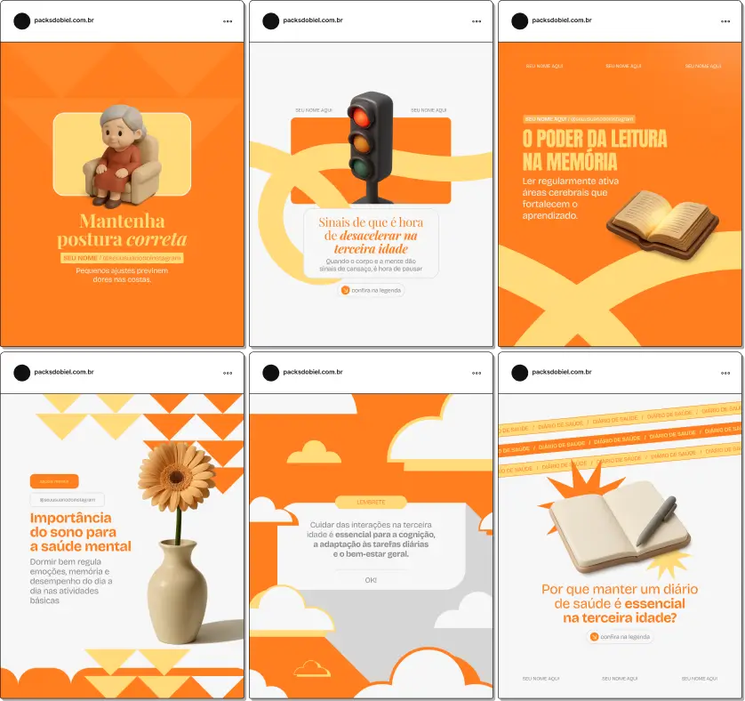 Pack de templates editáveis no Canva para gerontologistas que querem orientar famílias e cuidadores sobre cuidados diários, estimulação cognitiva, segurança e estratégias de envelhecimento ativo, com comunicação visual clara e profissional.