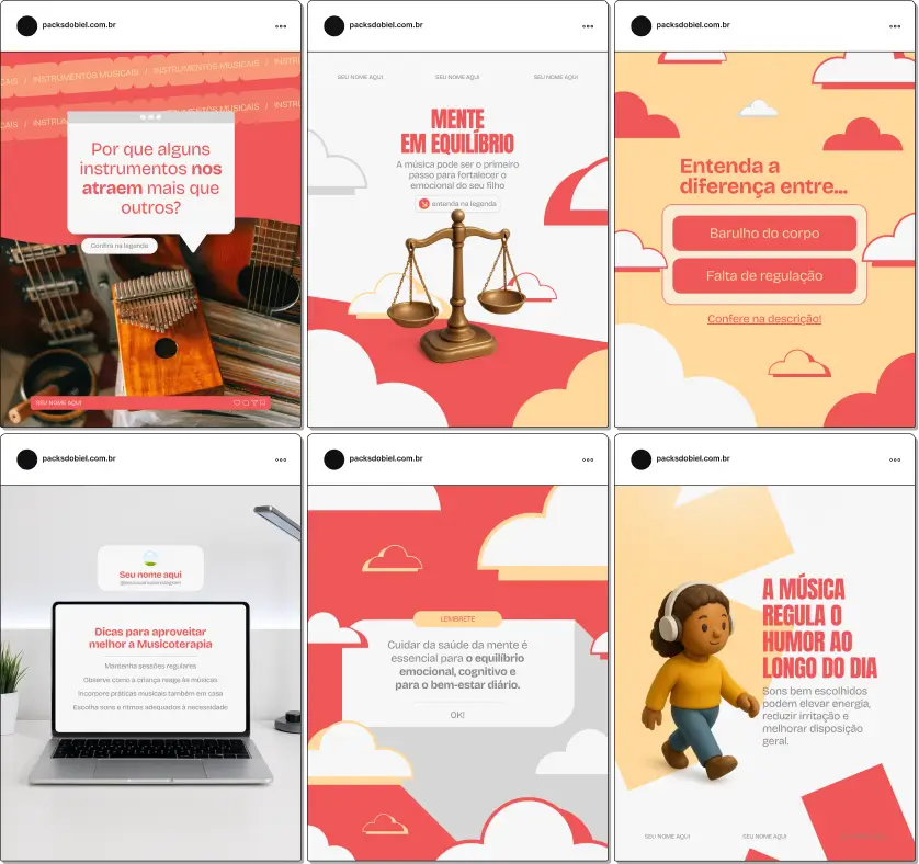 Pack de artes editáveis no Canva para profissionais de musicoterapia que produzem conteúdo sobre técnicas, instrumentos, sessões terapêuticas e benefícios da música para crianças, adultos e idosos.