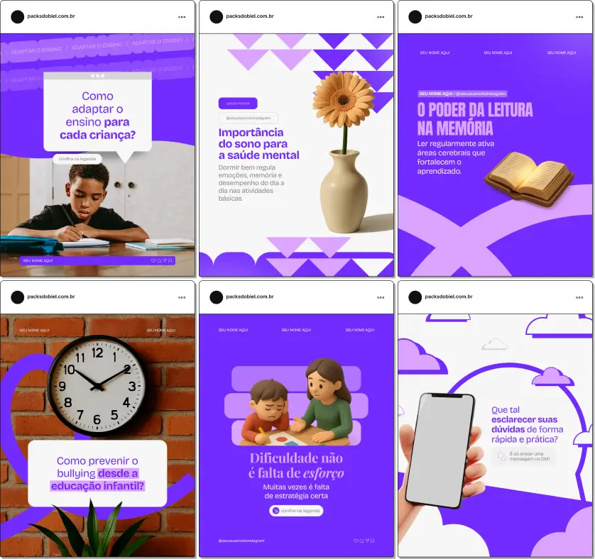 Pack de artes editáveis no Canva para profissionais de pedagogia que produzem conteúdo sobre alfabetização, estímulos educacionais, rotina escolar e apoio ao aprendizado, reforçando credibilidade no Instagram.