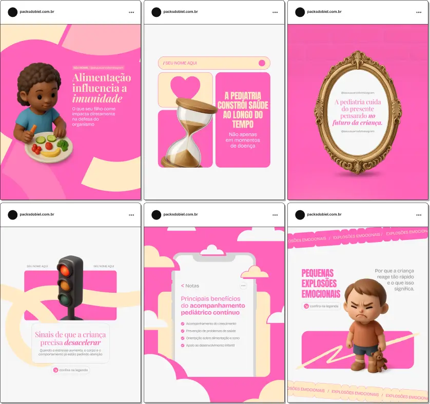 Pack de posts editáveis no Canva para profissionais de pediatria que desejam orientar pais e cuidadores sobre rotina, sinais de alerta, acompanhamento de desenvolvimento e qualidade de vida infantil, mantendo um perfil profissional e coerente.