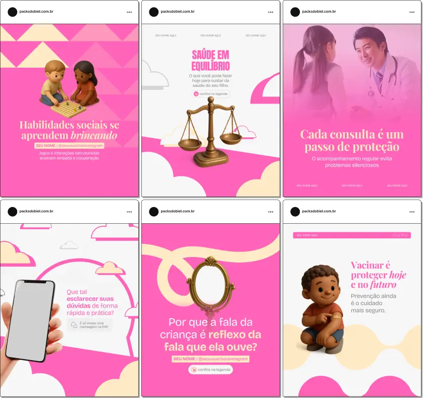 Pack de artes editáveis no Canva para profissionais de pediatria que produzem conteúdo sobre desenvolvimento infantil, rotina do bebê, alimentação, sono e saúde emocional das crianças.