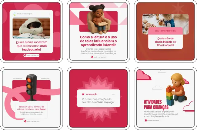 Pack de artes editáveis no Canva para profissionais de psicopedagogia que produzem conteúdo sobre desenvolvimento cognitivo, leitura, escrita, matemática e apoio ao processo de aprendizagem.