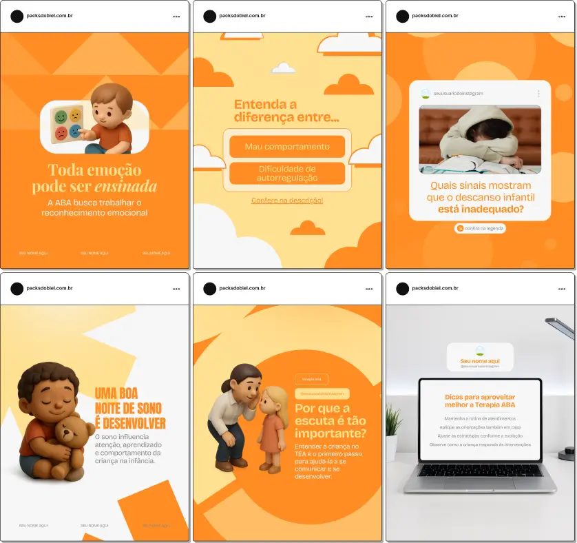 Pack de artes editáveis no Canva para profissionais de Terapia ABA que produzem conteúdo sobre intervenção, programas de ensino, comportamento adaptativo e acompanhamento de progresso, reforçando autoridade e credibilidade no Instagram.