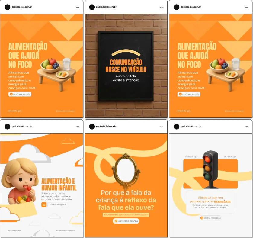 Pack de artes prontas no Canva voltado para terapeutas ABA, incluindo posts sobre reforço positivo, acompanhamento individual, avaliação de comportamento e orientação para pais, ajudando a manter um perfil organizado e confiável no Instagram.