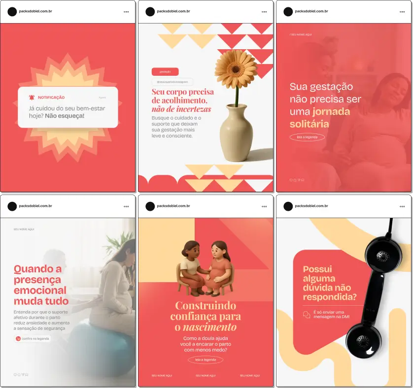 Pack de posts editáveis no Canva para doulas que desejam compartilhar informações sobre gestação, apoio emocional, preparo para o parto e cuidados no puerpério, mantendo um feed acolhedor e profissional.