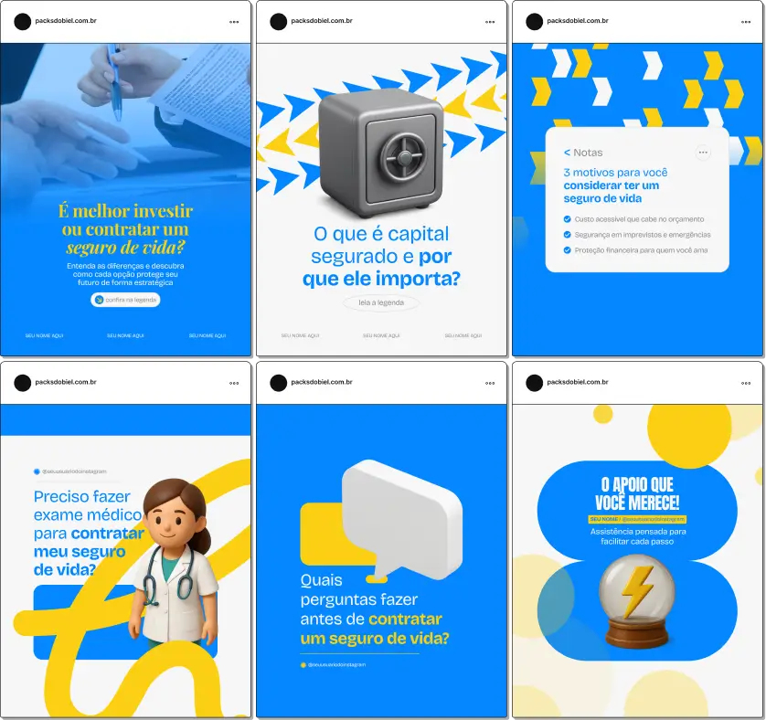 Pack de templates editáveis no Canva para profissionais de seguro de vida que querem educar clientes sobre contratação, tipos de cobertura, vantagens e importância do seguro, com comunicação clara e identidade visual coerente.