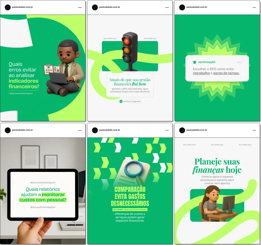 Pack de templates editáveis no Canva para profissionais de BPO financeiro que querem educar empreendedores sobre planejamento financeiro, redução de custos, controle orçamentário e rotinas financeiras, com comunicação clara e identidade visual coerente.